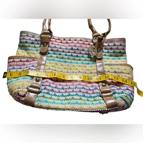 Woven Multicolor Straw Tote Bag Tan Faux Leather Handles Shoulder Purse - Picture 13 of 16